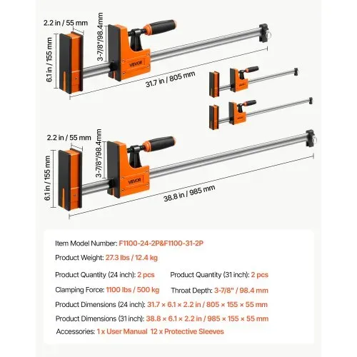 VEVOR Schraubzwingen 4er-Pack, 60,96 cm & 78,7 cm F-Zwingen, 500 kg Klemmzwingen, 2-fach Klemm-/Spreizfunktion, Weiche Gummifüße, Stange aus Kohlenstoffstahl, für Holz- & Metallbearbeitung – Bild 6