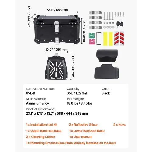 VEVOR Motorrad-Topcase Motorradkoffer 65 L Heckbox aus Aluminiumlegierung mit Lederfutter, abnehmbare Motorrad-Topbox mit Schloss & Rückenpolster, Helmkoffer (565 x 500 x 380 mm) Schwarz – Bild 6