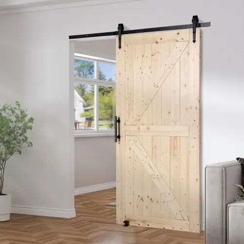 VEVOR Scheunentor und Hardware-Set Schiebetürsystem, 1067 x 2134 mm Holz-Glas-Schiebetor, leise, Scheunentor-Set mit 8-in-1-Bodenführung und Türgriff, Fichtenholzplatte, für Wohnzimmer usw. – Bild 7