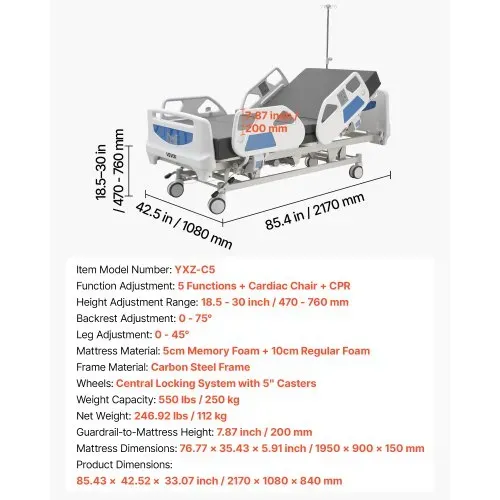 VEVOR Krankenhausbett Elektrisch, 5 Funktionen-Pflegebett mit Herzstuhl, Reanimationsfunktion, Trendelenburg- Anti-Trendelenburg-Lagerung, Zentralverriegelungssystem & 12,7 cm Rollen, Seniorenbett – Bild 6