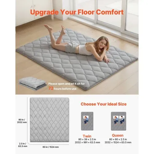 VEVOR japanische Futon-Matratze (2032 x 1524 x 63,5 mm), faltbare Tatami (Queen Size), Bodenmatratze mit Aufbewahrungstasche & Befestigungsmaterial, 9-lagige Schlafmatte für Meditation Yoga, Grau VEVOR japanische Futon-Matratze (2032 x 1524 x 63,5 mm), faltbare Tatami (Queen Size), Bodenmatratze mit Aufbewahrungstasche & Befestigungsmaterial, 9-lagige Schlafmatte für Meditation Yoga, Grau