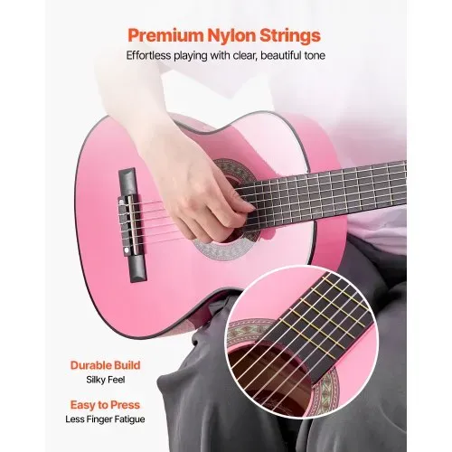 VEVOR Konzertgitarre, 780 mm Holz-Klassikgitarren-Starter-Set für Anfänger, mit Nylonsaiten, Gigbag, Gurt, Stimmgerät, zusätzlichen Saiten, Plektren, Kapodaster, Linde, für Einsteiger, Studenten, Pink – Bild 2