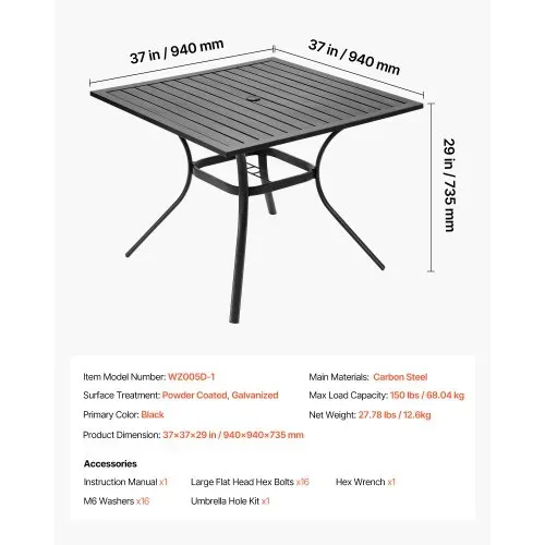 VEVOR Terrassentisch Gartentisch Balkontisch (94 x 94 cm) aus Kohlenstoffstahl quadratischer Esstisch für Outdoor Hof Terrasse Garten Veranda, wasserfest, mit Schirmloch, 68 kg Tragkraft Schwarz – Bild 6