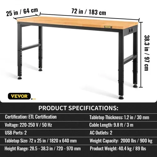VEVOR Höhenverstellbare Werkbank 183x64x72-97cm Spanntisch, 900 kg Gewichtskapazität Arbeitstisch, Braun Klappbare Werkzeugbank aus Kaltgewalzter Stahl, Multifunktionswerktisch für Lager & Büro – Bild 6