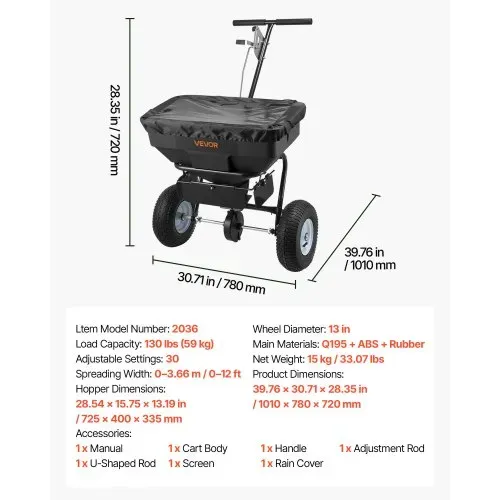 VEVOR Streuwagen, 59 kg Fassungsvermögen, Düngerstreuer 0-3,66 m Streubreite, Saatgutstreuer mit 33 cm Luftreifen, einstellbarer Durchflussmenge, Schleuderstreuer für Dünger, Saatgut & Streusalz – Bild 6