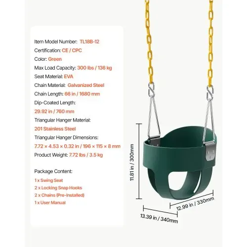 VEVOR Kinderschaukel 136 kg Schaukel Hohe Rückenlehne Vollschalensitz Grün, für Spielplätze im Garten & Indoor, Beschichtete Ketten & Karabiner, Komplett Montierter Sitz für Kinder ab 3 Jahren, CE/CPC – Bild 6