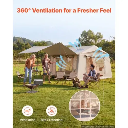 VEVOR Aufblasbares Zelt Luftzelt 5-8 Personen mit Pumpe & Sonnendach Beige, für Outdoor-Aktivität Wasserabweisendes 420D Oxford-Gewebe mit Dachfenster Ofenrohrdurchführung & Netzfenster Windstabil – Bild 5