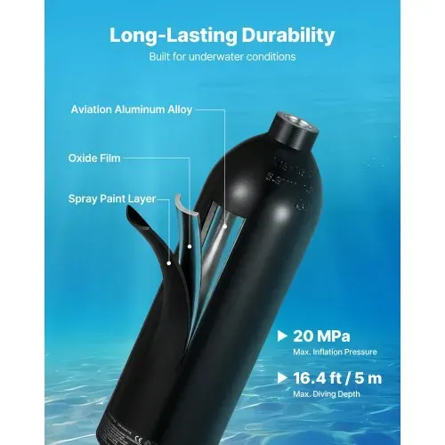 VEVOR Mini-Tauchflasche 1 L, Tragbare Lungenflasche für Unterwasseratmung, Wiederverwendbare Sauerstoffflasche für bis zu 20 Minuten Tauchzeit, Tauchausrüstung mit Adapter & Schnorchelbrille – Bild 2
