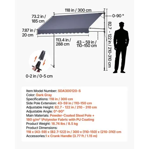 VEVOR Klemmmarkise 300 cm, Höhenverstellbare Markise mit Handkurbel, Terrassenmarkise UPF 80+ Sonnenschutz, Sonnenmarkise, Balkonmarkise, Ideal für Terrasse, Balkon & Garten, Dunkelgrau VEVOR Klemmmarkise 300 cm, Höhenverstellbare Markise mit Handkurbel, Terrassenmarkise UPF 80+ Sonnenschutz, Sonnenmarkise, Balkonmarkise, Ideal für Terrasse, Balkon & Garten, Dunkelgrau