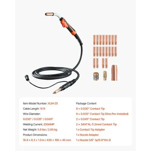 VEVOR 250-A-MIG-Schweißpistole mit 4,6 m langem Kabel, Schweißbrenner kompatibel mit Millermatic 200, 210, 212, 250, 250X, 251, 252 Schweißgeräten, geeignet für Schweißdrähte von 0,0762/0,0889/0,1143 cm – Bild 6