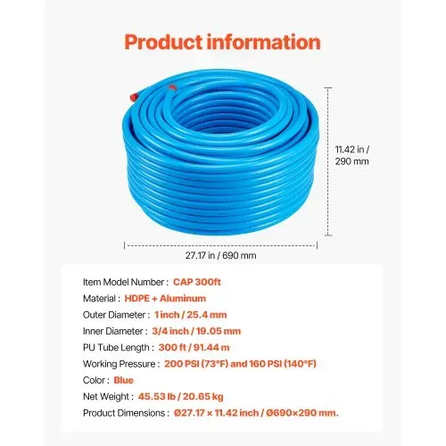 VEVOR Luftkompressor-Leitungssatz, 91,44mx19,05mm, HDPE-Aluminium-Druckluftrohrsystem, auslaufsicher, druckbeständig & einfach zu installieren, Druckluftleitungssatz für Garagen & Werkstätten, blau – Bild 6