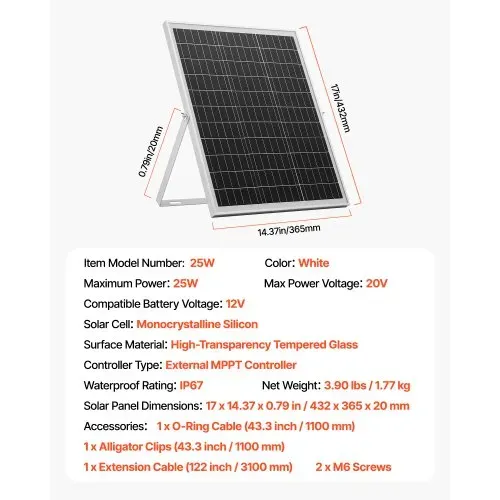 VEVOR 12V Monokristallines Solarpanel-Kit 25 W, Batterieladegerät mit intelligentem MPPT-Controller & verstellbarer Halterung, IP67 wasserdicht für Auto, Boot, Wohnmobil, Motorradanhänger – Bild 6