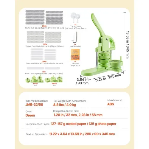 VEVOR Buttonmaschine Knopfmachermaschine Badge Punch Press 32/58 mm rund, Pinmaker mit 200 Knopfteilen & Kreisschneider & Zauberbuch & verstärkter ergonomischer Griff, DIY Badge Press Machine grün – Bild 6