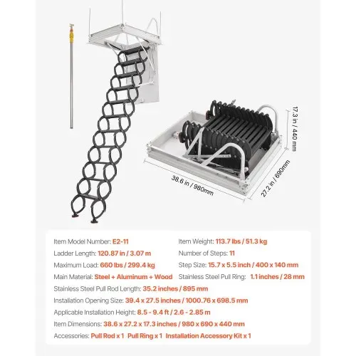 VEVOR Dachbodenleiter, Tragkraft 299,4 kg, passend für Deckenhöhen von 2,6 bis 2,85 m und Öffnungsgröße von 1000,76x698,5 mm, Scherentreppe aus legiertem Stahl mit Zugstange für Dachboden – Bild 6