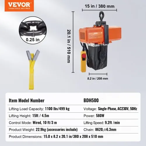 VEVOR Elektrischer Kettenzug, 1100 lbs Tragkraft, 15 ft Hubhöhe, 9,2 ft/min Geschwindigkeit, 230 V, einphasiger Brückenkran mit G100-Kette, 10 ft Kabelfernbedienung für Garage, Geschäft, Hotel, Zuhause – Bild 6