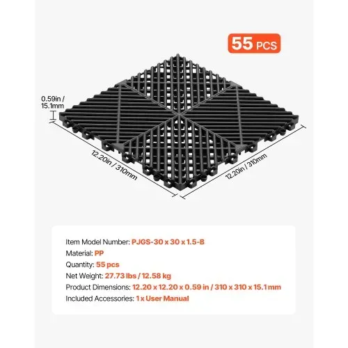 VEVOR Ineinandergreifende Drainagematten 55-tlg. 31 x 31 cm, Garagenbodenfliesen Rutschfeste Klickfliesen aus PP, Modularer Garagenboden für Bad Küche Pool Außenbereich, Selbstentwässernd, Schwarz – Bild 6
