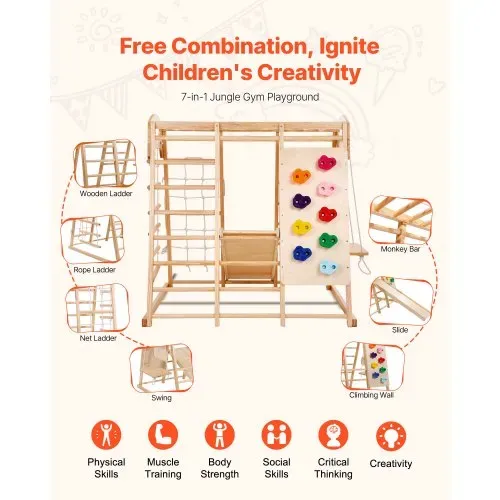 VEVOR Indoor Klettergerüst 7 in 1 Spielplatz für Kleinkinder, 120 x 109 x 121 cm, mit Holz- und Strickleiter Netzleiter Schaukel Klettergerüst Rutsche Kletterwand, Holz-Kletterspielzeug für Kinder – Bild 2