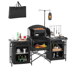 VEVOR Camping Küchentisch Outdoor Kochtisch, tragbare Kochstation aus Aluminium mit 3 Lagerschränken& Tragetasche, & abnehmbarer Windschutzscheibe, für Grillpartys Picknicks Wohnmobilreisen schwarz VEVOR Camping Küchentisch Outdoor Kochtisch, tragbare Kochstation aus Aluminium mit 3 Lagerschränken& Tragetasche, & abnehmbarer Windschutzscheibe, für Grillpartys Picknicks Wohnmobilreisen schwarz