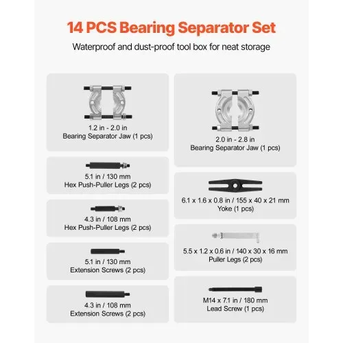 VEVOR Lagerabzieher Set 14-tlg. 5 t Lagertrenner, Ritzelradlager Ausbau Set mit 2/2,8 Zoll Backen, Hochleistungs-Lagerspalter-Werkzeugset mit Koffer Abziehersatz – Bild 6