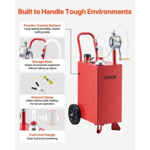 VEVOR 56,8L Kraftstofftrolley Mobile Tankanlage mit Manueller Pumpe Rot, Kohlenstoffstahl, Mit 2 Rollen & 3m Förderschlauch, Max. 17,8L/min Durchfluss, Benzin & Diesel, Ideal für ATV UTV Motorrad – Bild 5