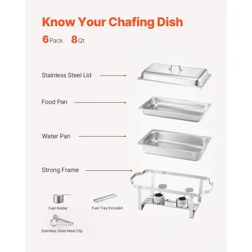 VEVOR Chafing Dish Buffet Edelstahl-Chafing Dish mit 6 Pfannen in voller Größe (7,5 L), rechteckiger Catering-Wärmespender mit Deckel & Wasserpfannenständer & Brennstoffhalter, für Partys, Silber – Bild 4