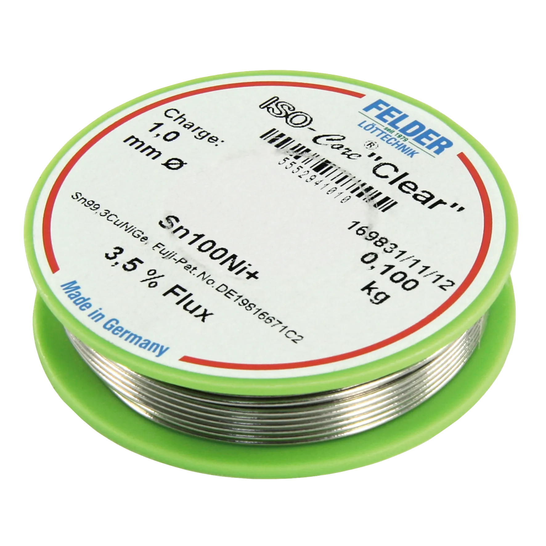 Lötzinn auf Rolle FELDER, ISO-Core “Clear“, 1,0mm, 100g, bleifrei (Sn100%Ni+) Lötzinn auf Rolle FELDER, ISO-Core “Clear“, 1,0mm, 100g, bleifrei (Sn100%Ni+)