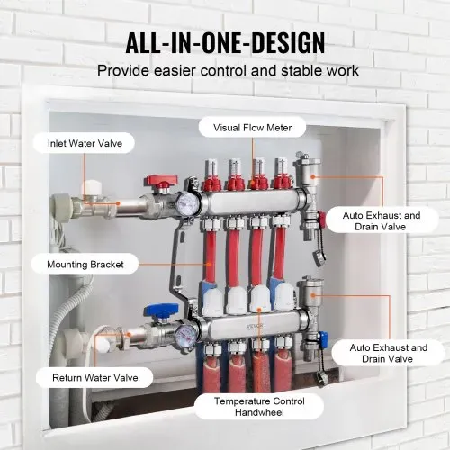 VEVOR 4-Zweig-Wärmeverteilungsverteiler, 1/2-Zoll-PEX-Rohrverteiler, Edelstahl-PEX-Verteiler für hydronische Fußbodenheizung, Wärmeverteilungs-PEX-Verteilersatz mit 1/2-Zoll-Adaptern im Lieferumfang enthalten – Bild 3
