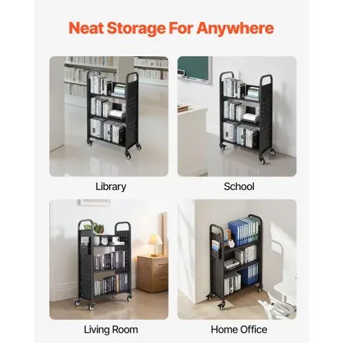 VEVOR Bücherwagen, 150 kg Tragkraft, Bibliothekswagen, 77 x 38 x 122 cm, einseitiges L-förmiges Bücherregal mit Doppelbremsrollen, Bücherregalwagen für Wohnzimmer, Büro, Schule, Schwarz – Bild 5