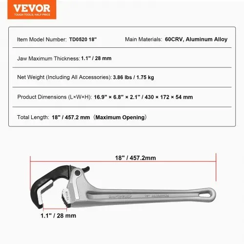 VEVOR Rohrzange, 18 Zoll gerade Aluminium-Rohrzange, automatische Backeneinstellung, verstellbarer Sanitärschlüssel, leicht zu tragen, ergonomischer Griff, aufhängbares Design, für Wasserleitungen, Autoreparaturen – Bild 6