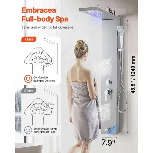 VEVOR Duschpaneel-Turmsystem (5 Modi) mit Regenwasserfall-Duschkopf & LED, (1345 mm) Duschsäule aus gebürstetem Edelstahl, Regenmassagesystem zur Wandmontage, mit Handbrause & Wannenauslauf VEVOR Duschpaneel-Turmsystem (5 Modi) mit Regenwasserfall-Duschkopf & LED, (1345 mm) Duschsäule aus gebürstetem Edelstahl, Regenmassagesystem zur Wandmontage, mit Handbrause & Wannenauslauf