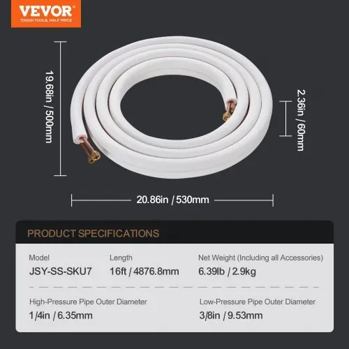 VEVOR 4876,8 mm Mini-Split-Leitungssatz, 6,4 und 9,5 mm Außendurchmesser, Kupferrohre und dreischichtige Isolierung, für Klimaanlagen oder Heizungspumpengeräte und HVAC mit umfangreichem Zubehör – Bild 6