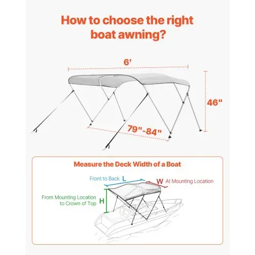 VEVOR Bimini Top Bootsabdeckung Sonnenverdeck (3 Bögen) aus 600D Polyester mit Rahmen aus Aluminiumlegierung, wasserdichte Sonnenschutz-Bootsmarkise mit Aufbewahrungstasche, 210-213 cm (B) Hellgrau – Bild 4