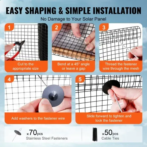 VEVOR Vogelschutz für Solarmodule, 20,3 cm x 30,5 m, Taubenabwehr Solaranlagengitter mit 70 Edelstahl-Verschlüssen, Solarmodul-Schutz mit rostfreier PVC-Beschichtung, 12 mm Drahtrollengeflecht – Bild 4