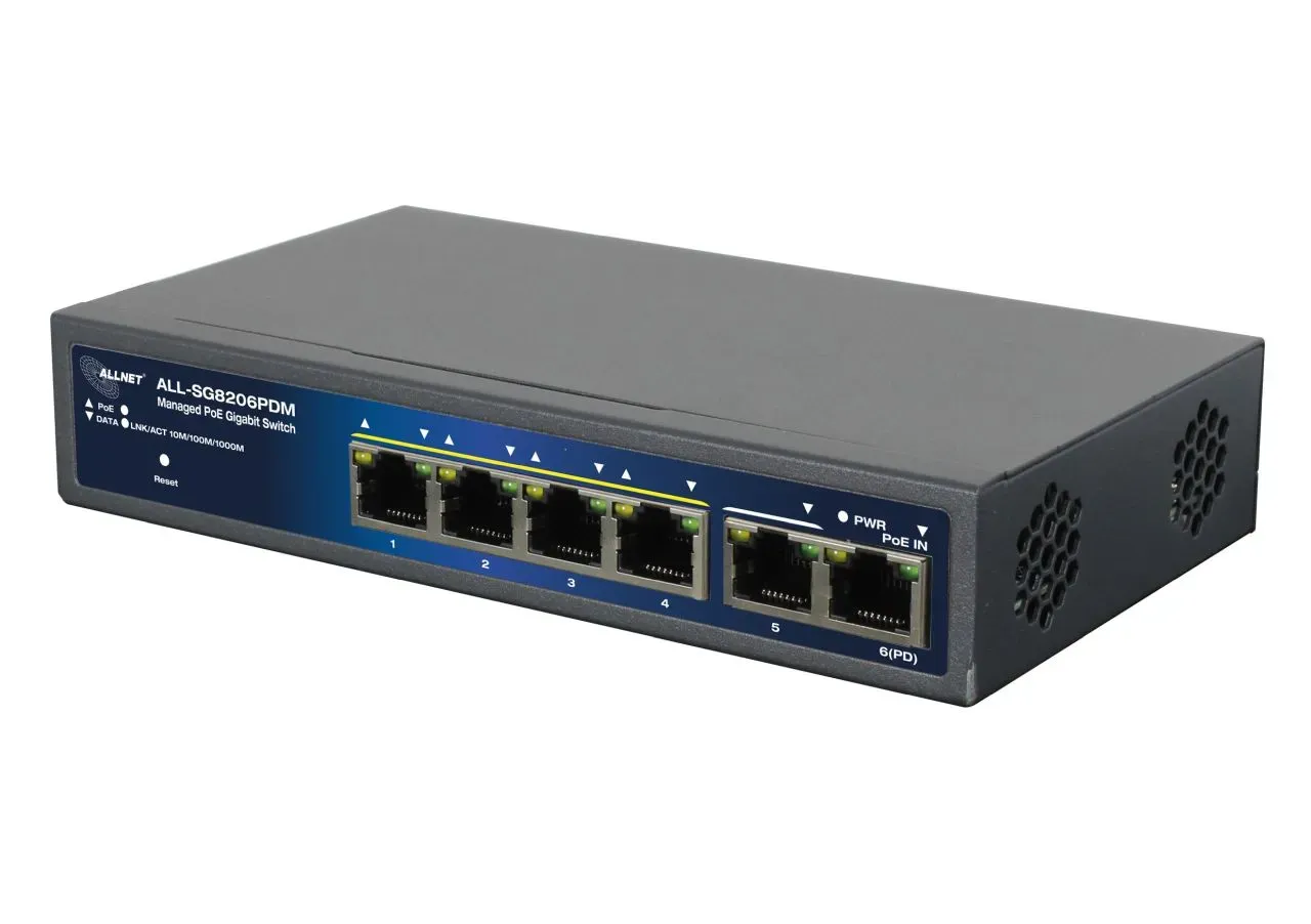 ALLNET Switch smart managed 6 Port Gigabit 95W / 4x PoE / 1x Gigabit / 1x PoE 90W BT In / “ALL-SG8206PDM” ALLNET Switch smart managed 6 Port Gigabit 95W / 4x PoE / 1x Gigabit / 1x PoE 90W BT In / “ALL-SG8206PDM”