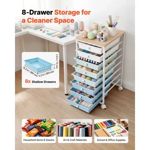 VEVOR Rollwagen mit 8 Schubladen Rollcontainer 400x330x715mm Grün Blau Weiß, Metallgestell, Holztischplatte, Handgriffe, Lenkrolle mit 2 Bremsen, Mobiler Schubladenwagen für Büro Werkstatt Klassenzimmer VEVOR Rollwagen mit 8 Schubladen Rollcontainer 400x330x715mm Grün Blau Weiß, Metallgestell, Holztischplatte, Handgriffe, Lenkrolle mit 2 Bremsen, Mobiler Schubladenwagen für Büro Werkstatt Klassenzimmer