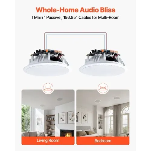 VEVOR 2 Einbaulautsprecher Bluetooth 203,2 mm, 2-Wege Lautsprecher mit Verstärker & 50 W Spitzenleistung, Kabelgebundene Deckenlautsprecher für Heimkino, Überdachte Terrasse & Flächenbündige Montage – Bild 5