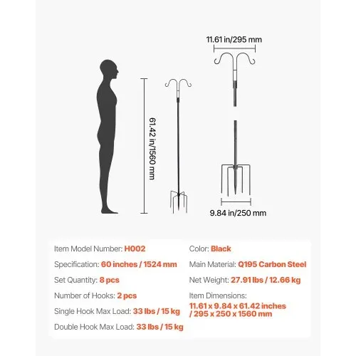 VEVOR Schäferhaken 8er-Pack, Hirtenhaken 156 cm, Garten Doppelhaken Laternenstab, 1,9 cm dicke Gartenhaken zum Aufhängen von Kolibri-Futterspendern, Pflanzenkörben, Solarlaternen, Windspielen – Bild 6