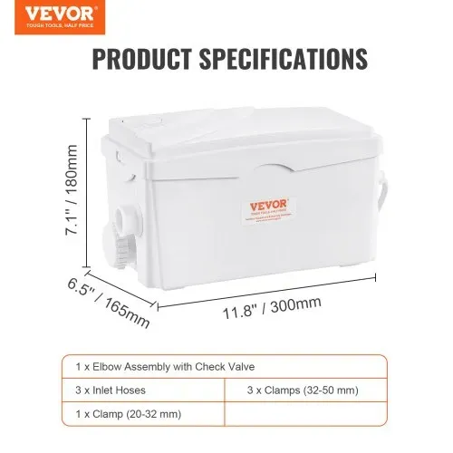 VEVOR Hebeanlage, 350 W, 6000 l/h Durchfluss, 7 m Förderhöhe, Abwasserpumpe mit 3 Wassereinlässen für Keller, Küche, Spüle, Dusche, Badewanne, Wäscheabwasserentsorgung, Aufspülmaschine – Bild 6
