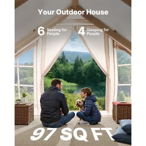 VEVOR Aufblasbare Zelte für Camping 3x3x2,3 m, 4–6 Personen, 300D Oxford 4-Jahreszeiten-Glamping-Zelt mit Handpumpe, Ofenanschluss, 2 Türen & 4 Netzfenstern, inkl. Aufbewahrungstasche für Transport – Bild 2