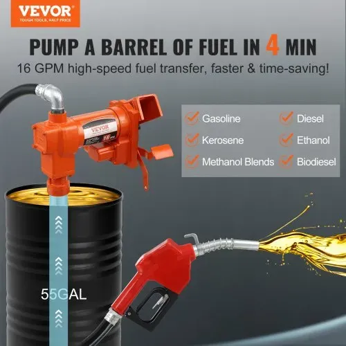 VEVOR Kraftstoff-Transferpumpe, 12 V DC, 60,5 L/min, 1/4 PS, Benzin-Absaugpumpe mit Düse, Auslassschlauch & Saugrohr für Benzin, Diesel, Kerosin, Ethanol- und Methanolmischungen und Biodiesel VEVOR Kraftstoff-Transferpumpe, 12 V DC, 60,5 L/min, 1/4 PS, Benzin-Absaugpumpe mit Düse, Auslassschlauch & Saugrohr für Benzin, Diesel, Kerosin, Ethanol- und Methanolmischungen und Biodiesel