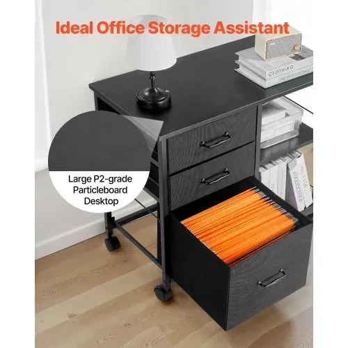 VEVOR Aktenschrank Schubladenschrank mit 3 Stoffschubladen, Rollcontainer mit 2 offenen Regalen, Lagerschrank Aufbewahrungsschrank für Schreibwaren Drucker Dokumente (Schwarz, 75 x 40 x 68 cm) – Bild 6
