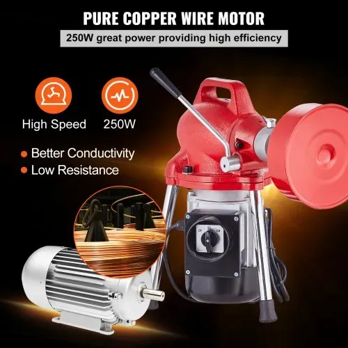 VEVOR Rohrreinigungsmaschine 66 Fuß x 5/8 Zoll, 250 W elektrische Rohrreinigungsmaschine mit manueller Zufuhr – mit 2 Stahlkabeln, 7 Schneidern und CW/CCW-Steuerung für 1,6" bis 4" Rohre – Bild 4