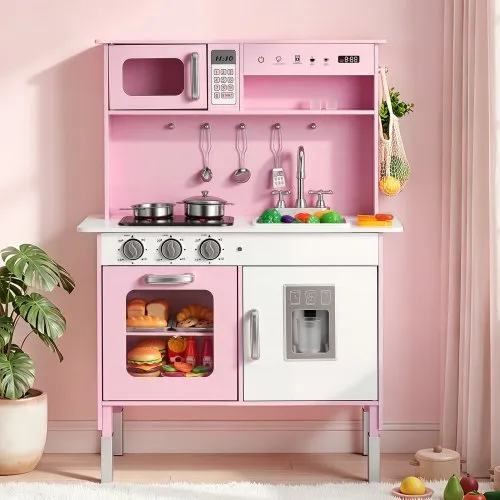 VEVOR Spielküche für Kinder, Kinderküche aus Holz mit Licht & Sound, Holzküche mit Herd Backofen Spüle Mikrowelle Eisspender & Getränkespender, Küchenspielzeug mit Kochset für Kinder ab 3 Jahren, Rosa VEVOR Spielküche für Kinder, Kinderküche aus Holz mit Licht & Sound, Holzküche mit Herd Backofen Spüle Mikrowelle Eisspender & Getränkespender, Küchenspielzeug mit Kochset für Kinder ab 3 Jahren, Rosa