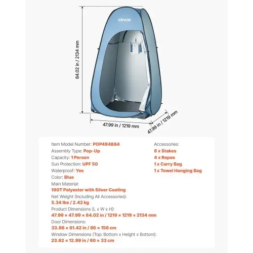 VEVOR Pop Up Zelt (1219 x 1219 x 2134 mm) Wasserfestes Toilettenzelt mit, Umkleidezelt inkl. Heringen & Seilen & Tragetasche & Aufhängetasche, aus 190T Polyester für Camping Strand Angeln Blau – Bild 6