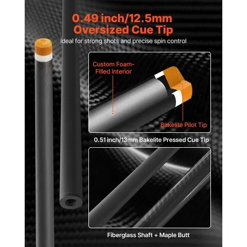 VEVOR Billardqueue 1 Stk. (1473,2 mm / 538 g) aus Kohlefaser mit gepresster Bakelitspitze & ABS-Verbindungsring, Billardstock geeignet für Bar Zuhause Büro Amerikanisches 9-Ball-Spiel, pool cue – Bild 2