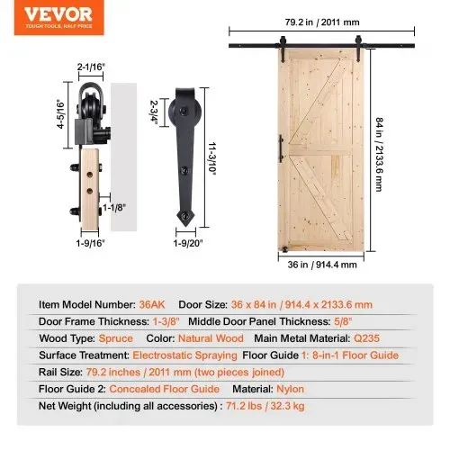 VEVOR Scheunentor und Hardware-Set, 91,4 x 213,4 cm Holz-Schiebetor, sanft und leise, Scheunentor-Set mit 8-in-1-Bodenführung und Türgriff, Fichtenholz-Platte – Bild 6