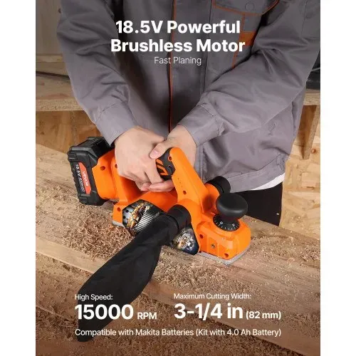 VEVOR Akku-Hobel, 82 mm Schnittbreite, 15000 U/min Elektrohobel für Holz mit 4,0 Ah 18 V Lithium-Akku, bürstenlosem Motor, einstellbarer Schnitttiefe, Staubfangbeutel, für die Holzbearbeitung VEVOR Akku-Hobel, 82 mm Schnittbreite, 15000 U/min Elektrohobel für Holz mit 4,0 Ah 18 V Lithium-Akku, bürstenlosem Motor, einstellbarer Schnitttiefe, Staubfangbeutel, für die Holzbearbeitung