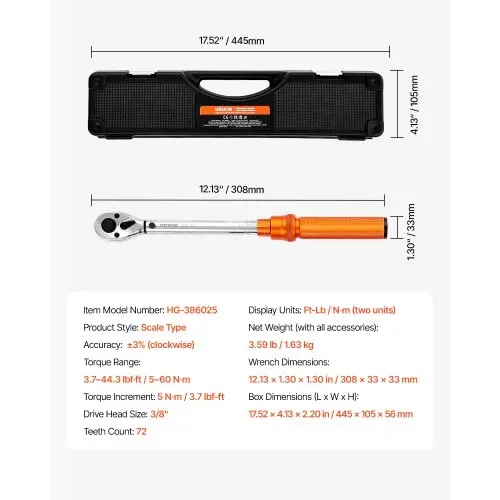 VEVOR Klick-Drehmomentschlüssel, 3/8 Zoll Antrieb 5-60 N.m, Zweiwege-Drehmomentschlüssel mit Stecknüssen & Verlängerung & Bohrer, 72 Zähne ±3 % hohe Präzision legierter Stahl für Autoreparatur – Bild 6