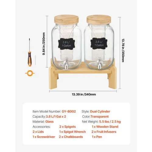 VEVOR Getränkespender (2 x 3,8 L) für Partys Saftspender (aus Glas) mit tropfsicherem Zapfhahn & Holzständer Wasserspender für Restaurants Partys, Limonade Eistee selbstgemachte Getränke Spender – Bild 6