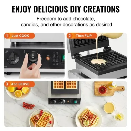 VEVOR kommerzielles Waffeleisen Waffelmaschine 2000 W antihaftbeschichtetes belgisches Waffeleisen aus Edelstahl mit Temperatur- und Zeitregelung, für Restaurant Bäckerei Snackbar 2 Stk. Waffeln – Bild 5